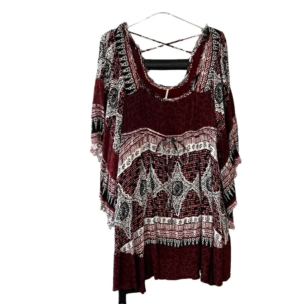 Free People Heart of Gold Brown Boho Peasant Dramatic Sleeve Short Dress Small - Picture 13 of 13